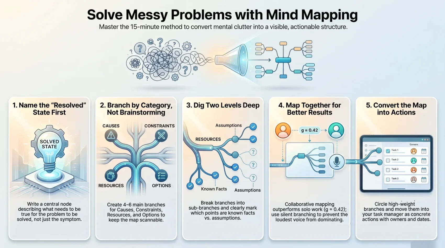 Five-step mind mapping process infographic to solve messy problems, from naming the resolved state and branching categories to collaborative mapping and converting branches into actionable tasks.