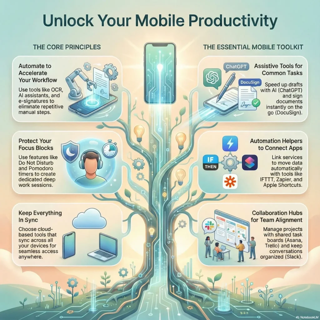 SmartKeys infographic: Mobile Productivity Guide featuring core principles for maintaining focus and an essential mobile toolkit including ChatGPT, automation apps, and collaboration hubs.