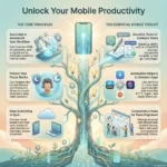 SmartKeys infographic: Mobile Productivity Guide featuring core principles for maintaining focus and an essential mobile toolkit including ChatGPT, automation apps, and collaboration hubs.