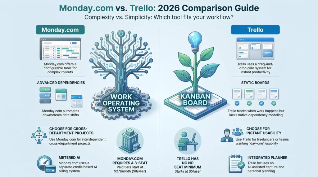 SmartKeys comparison infographic of Monday.com versus Trello, detailing work operating system features, kanban boards, pricing tiers, and dependency management.