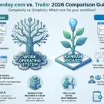 Monday.com vs Trello 2026: Pricing, Features and Verdict SmartKeys comparison infographic of Monday.com versus Trello, detailing work operating system features, kanban boards, pricing tiers, and dependency management.