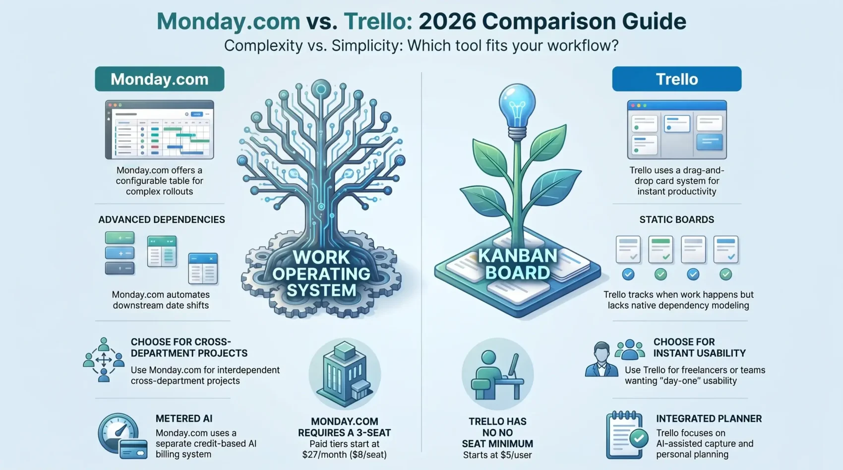 SmartKeys comparison infographic of Monday.com versus Trello, detailing work operating system features, kanban boards, pricing tiers, and dependency management.