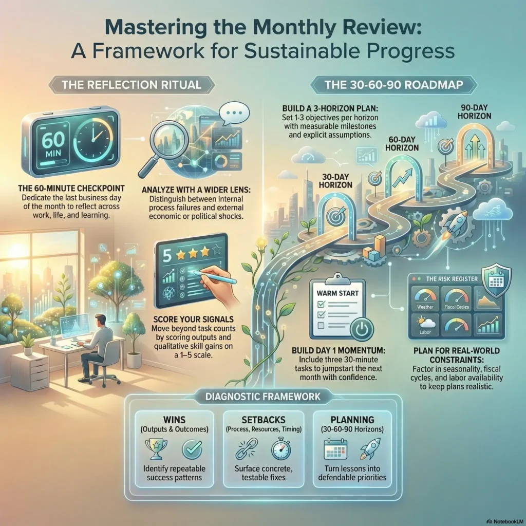SmartKeys infographic detailing a monthly review framework for sustainable progress, illustrating a 60-minute reflection ritual, a diagnostic framework for setbacks, and a structured 30-60-90 day planning roadmap.