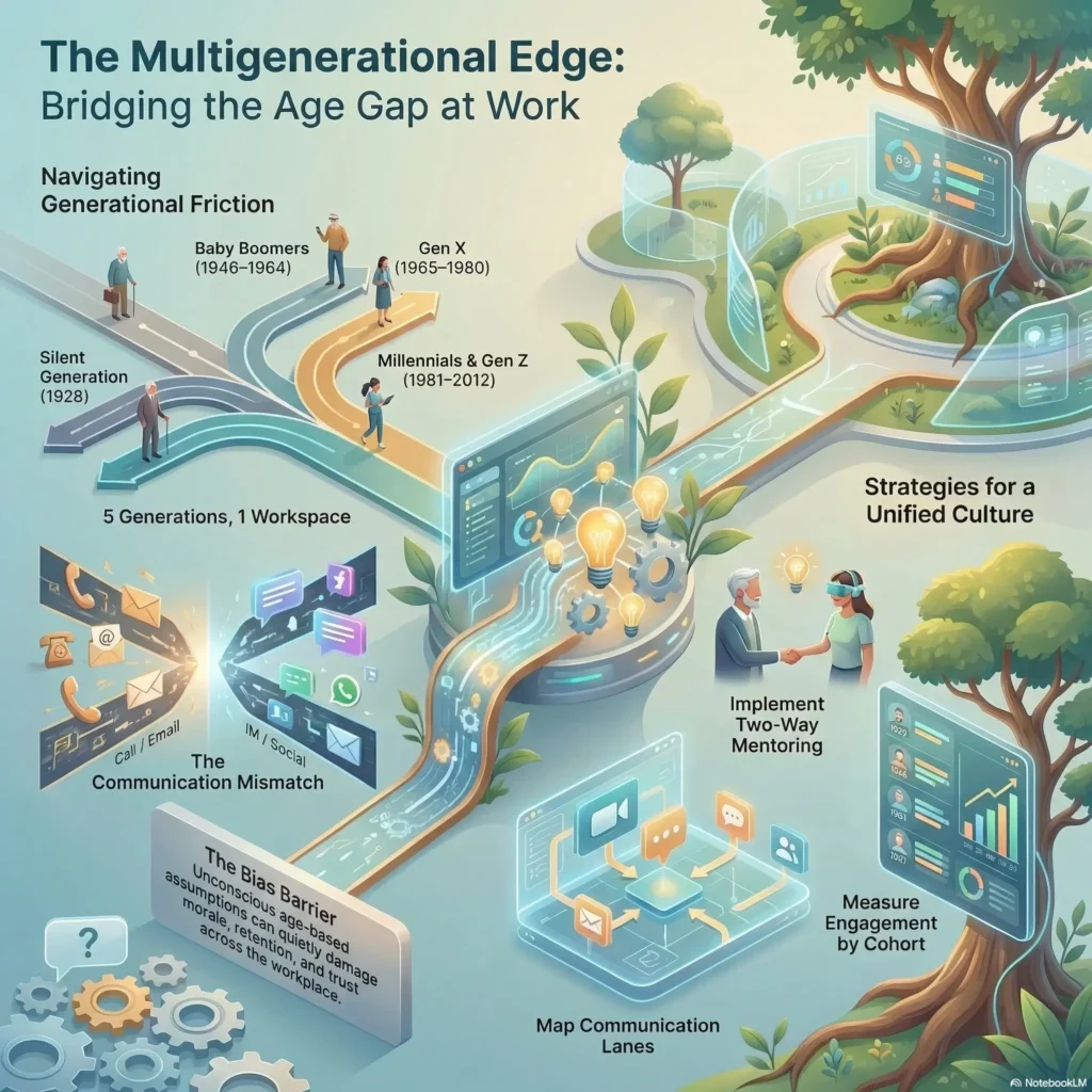 SmartKeys infographic on managing multigenerational teams, visualizing strategies to bridge age gaps, overcome communication mismatches, and build a unified workplace culture.