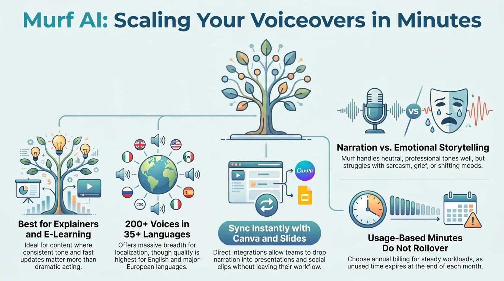 Infographic explaining Murf AI voiceover features, language support across 35 plus languages, Canva slide integrations, and explainer video use cases.