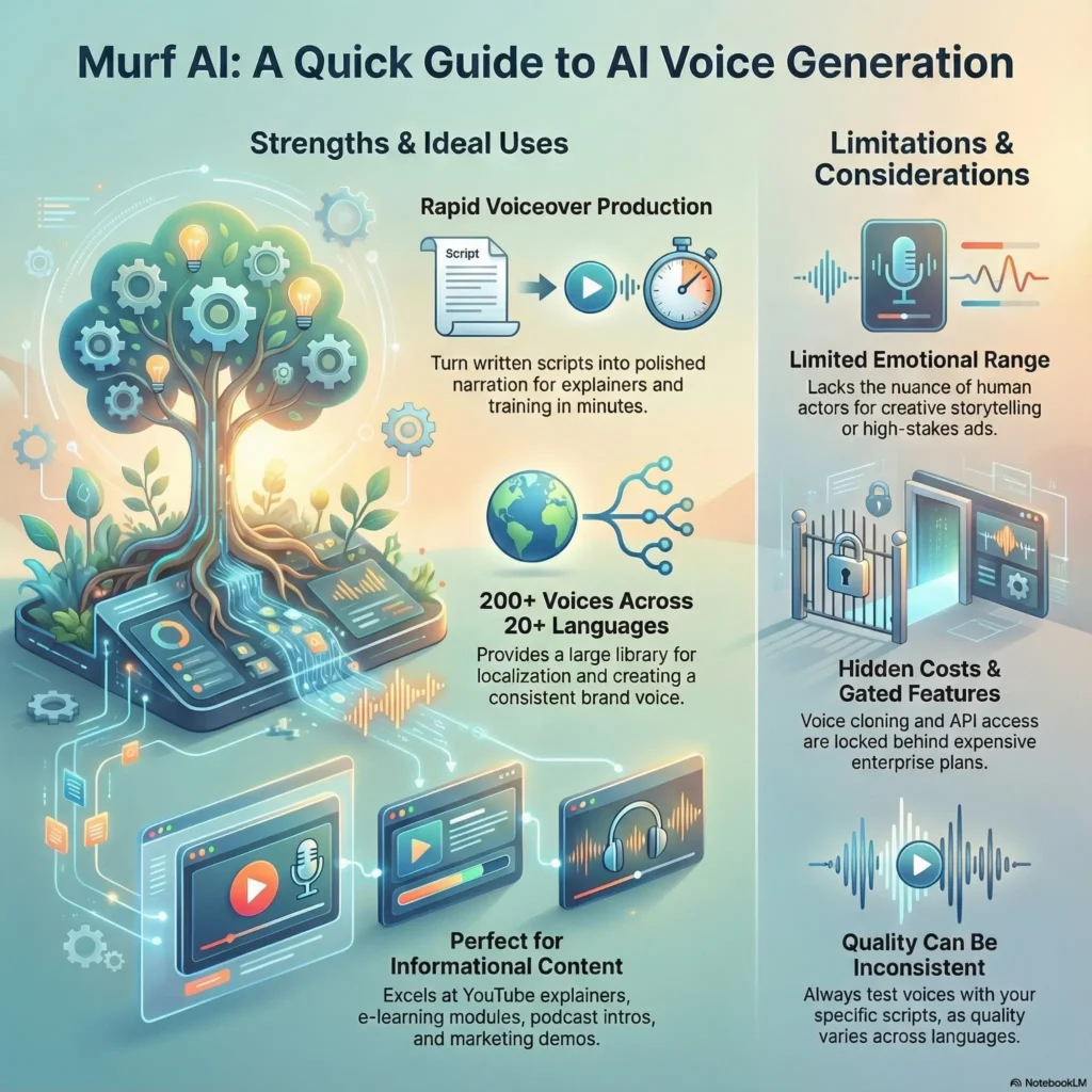 Infographic summarizing the SmartKeys Murf AI review: A visual guide comparing strengths like rapid voiceover production and 200+ voices against limitations such as limited emotional range and hidden costs.