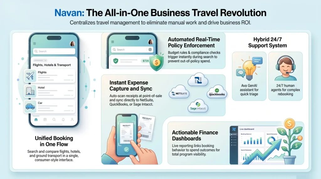 Infographic reviewing Navan business travel and expense management in 2026, highlighting unified booking, automated real-time policy checks, ERP receipt syncing, and hybrid 24/7 support by SmartKeys.