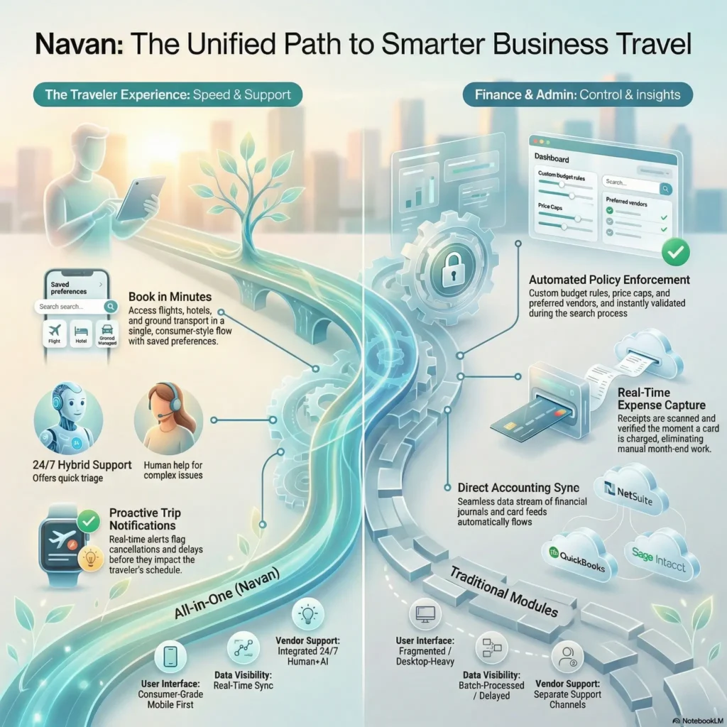 SmartKeys infographic for Navan review showcasing unified business travel management, featuring seamless booking for travelers, automated expense capture, and direct accounting integrations for admins.