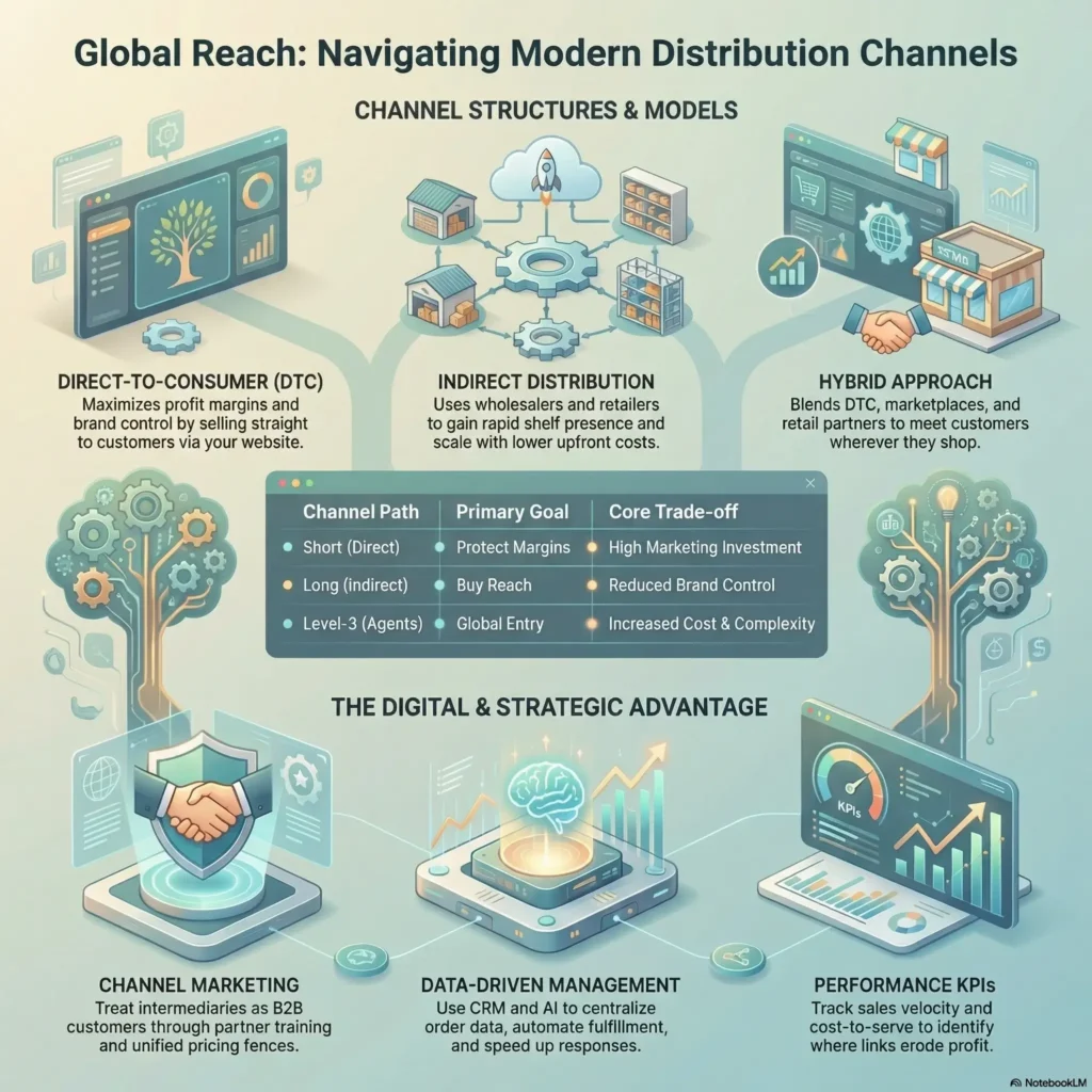 SmartKeys infographic on navigating modern distribution channels for global reach, comparing Direct-to-Consumer, Indirect, and Hybrid structures, alongside digital strategies like data-driven management and performance KPIs.