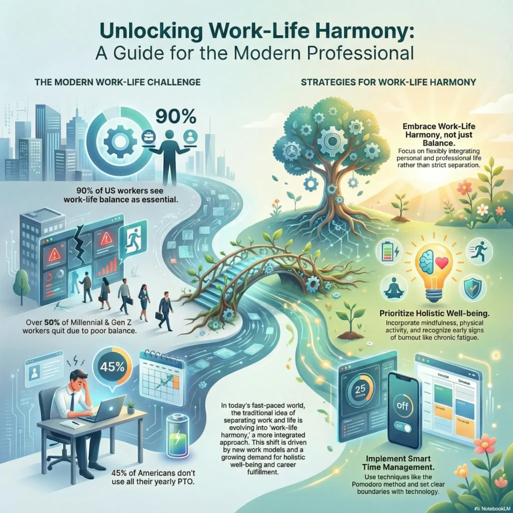 Unlocking Work-Life Harmony Infographic for the modern professional, comparing work-life balance statistics with strategies for holistic well-being and smart time management to prevent burnout.