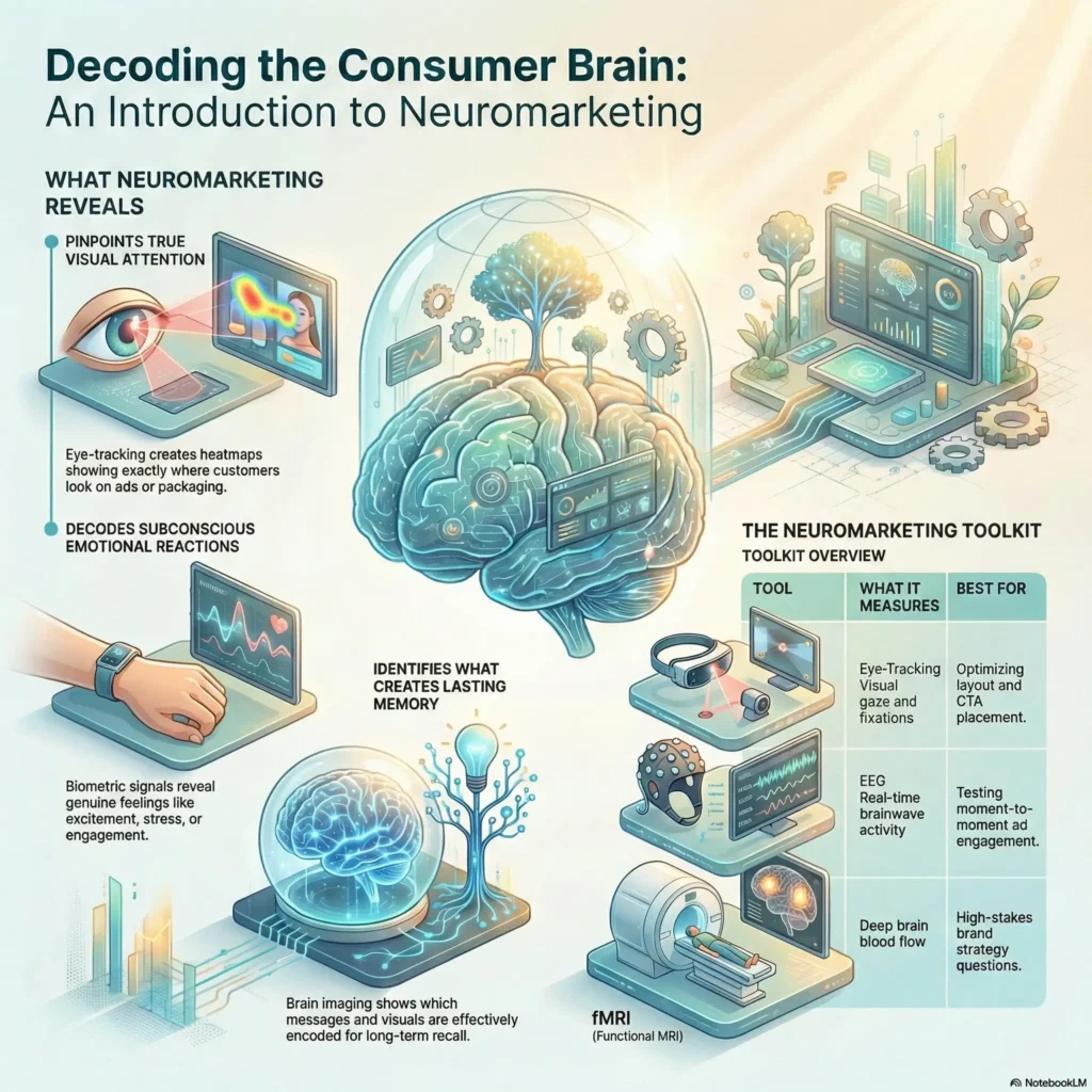 SmartKeys infographic titled "Decoding the Consumer Brain: An Introduction to Neuromarketing." It illustrates how tools like eye-tracking, biometric signals, and fMRI reveal true visual attention, subconscious emotional reactions, and memory encoding to optimize marketing strategies and understand consumer behavior.