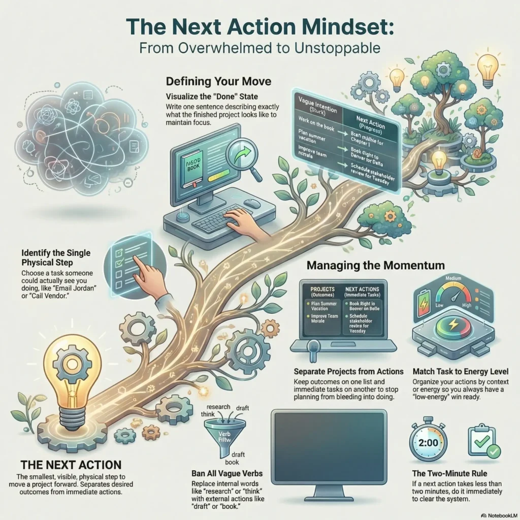 SmartKeys infographic explaining the Next Action Mindset, showing how to move from overwhelmed to unstoppable by identifying single physical steps, managing momentum, and applying the two-minute rule