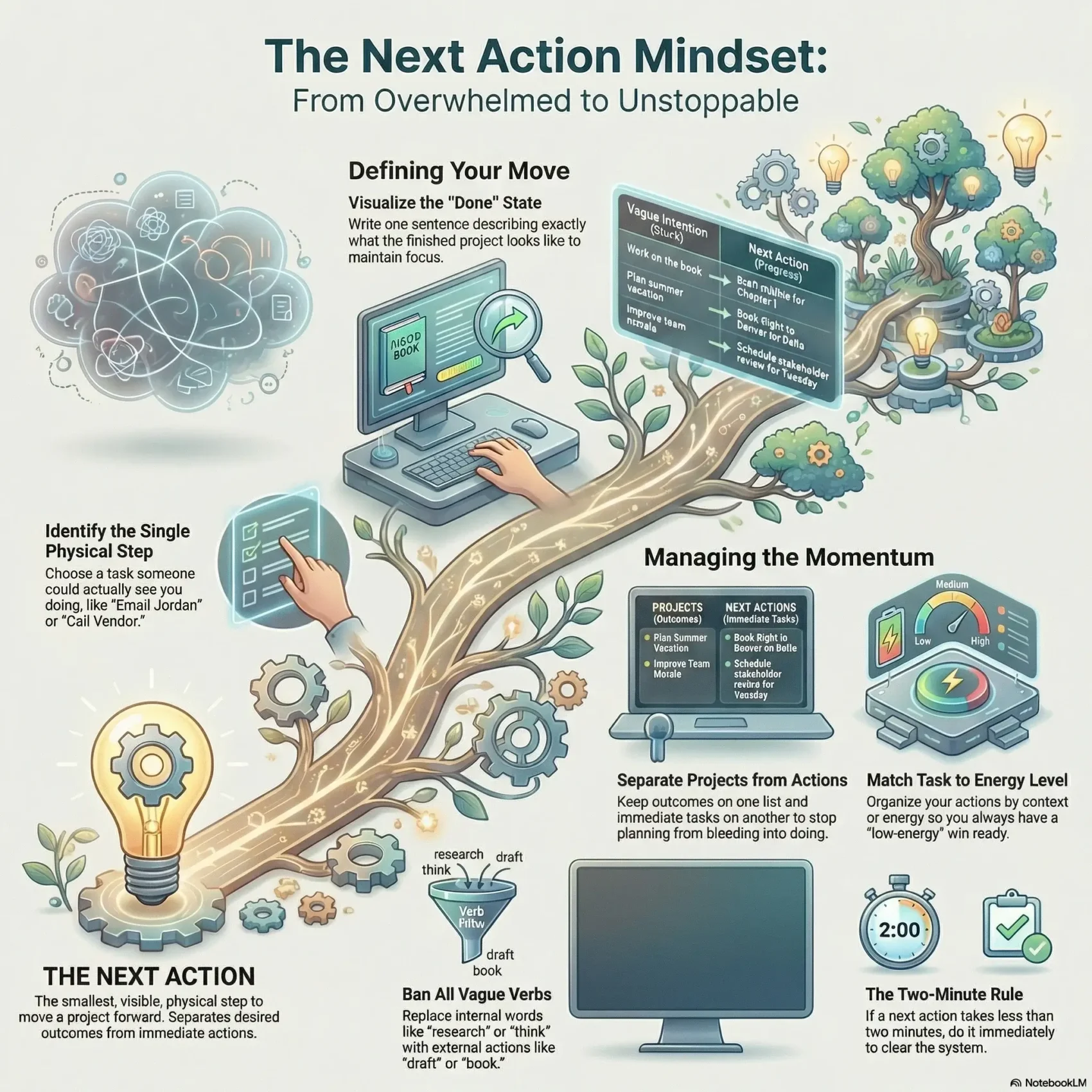 SmartKeys infographic explaining the Next Action Mindset, showing how to move from overwhelmed to unstoppable by identifying single physical steps, managing momentum, and applying the two-minute rule