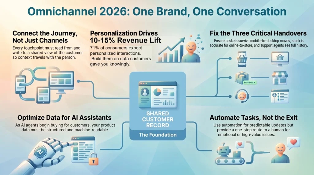 Infographic titled Omnichannel 2026: One Brand, One Conversation illustrating a modern customer experience framework built on a shared customer record. It outlines key retail and marketing strategies, including connected customer journeys, data-driven personalization driving a 10-15% revenue lift, optimizing structured data for AI shopping assistants, seamless omnichannel handovers across mobile, desktop, and stores, and balancing smart automation with human customer support.