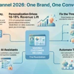 Infographic titled Omnichannel 2026: One Brand, One Conversation illustrating a modern customer experience framework built on a shared customer record. It outlines key retail and marketing strategies, including connected customer journeys, data-driven personalization driving a 10-15% revenue lift, optimizing structured data for AI shopping assistants, seamless omnichannel handovers across mobile, desktop, and stores, and balancing smart automation with human customer support.