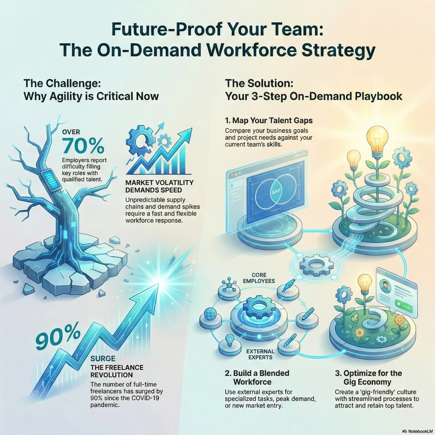 Infographic titled Future-Proof Your Team detailing an on-demand workforce strategy. It contrasts the challenge of talent shortages with a 3-step solution: mapping talent gaps, building a blended workforce with freelancers, and optimizing processes for the gig economy.