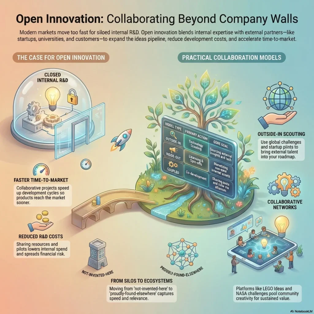 SmartKeys infographic exploring open innovation models, illustrating the transition from closed internal R&D to faster, cost-effective collaborative networks beyond company walls.