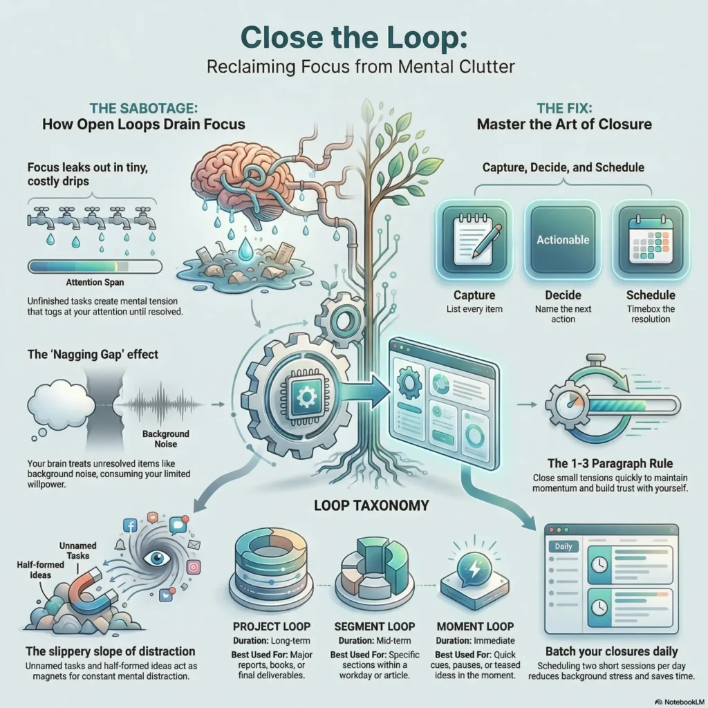 SmartKeys infographic on closing mental open loops to reclaim focus, explaining how unfinished tasks drain attention and offering a fix through the capture-decide-schedule method and loop taxonomy.