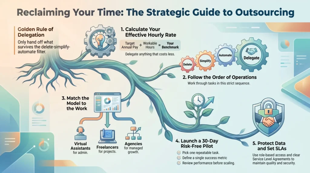 Infographic detailing the strategic guide to outsourcing, featuring the delete-simplify-automate-delegate framework, effective hourly rate formula, and pilot project steps.