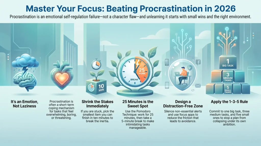 SmartKeys infographic on beating procrastination through emotional regulation, small starting steps, 25-minute focus blocks, distraction-free zones, and the 1-3-5 rule.