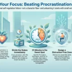 Overcoming Procrastination: Proven Tips and Tricks for 2026 SmartKeys infographic on beating procrastination through emotional regulation, small starting steps, 25-minute focus blocks, distraction-free zones, and the 1-3-5 rule.