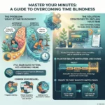 SmartKeys infographic titled "Master Your Minutes: A Guide to Overcoming Time Blindness." It explains time blindness as a brain-based pattern linked to ADHD and executive function, offering tangible solutions such as using visual timers, planning with time buffers, and using "if-then" rules to manage task switching effectively.
