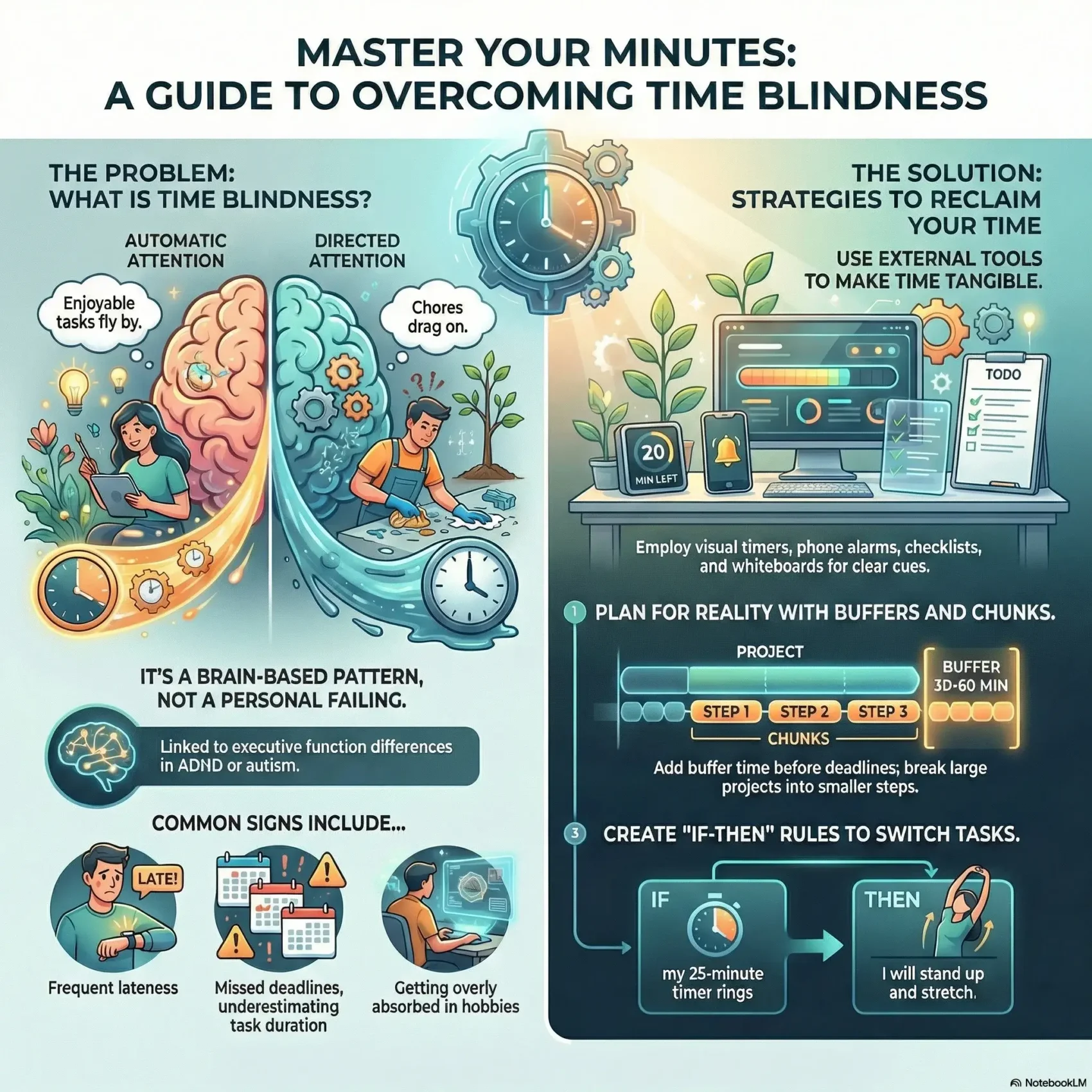 SmartKeys infographic titled "Master Your Minutes: A Guide to Overcoming Time Blindness." It explains time blindness as a brain-based pattern linked to ADHD and executive function, offering tangible solutions such as using visual timers, planning with time buffers, and using "if-then" rules to manage task switching effectively.