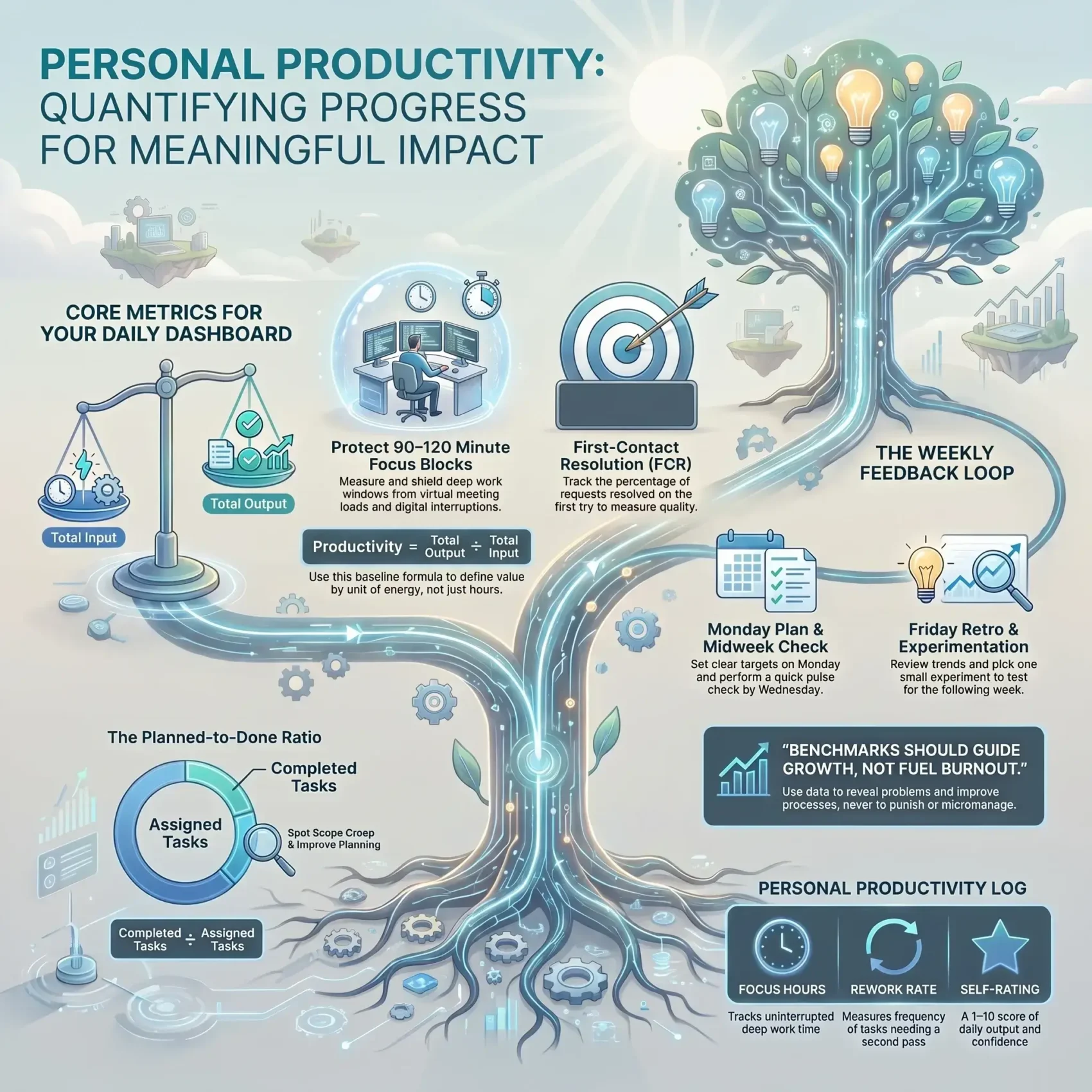 Infographic detailing personal productivity metrics to quantify daily progress, featuring core dashboard indicators like the planned-to-done ratio, focus blocks, input versus output balance, and weekly feedback loops.