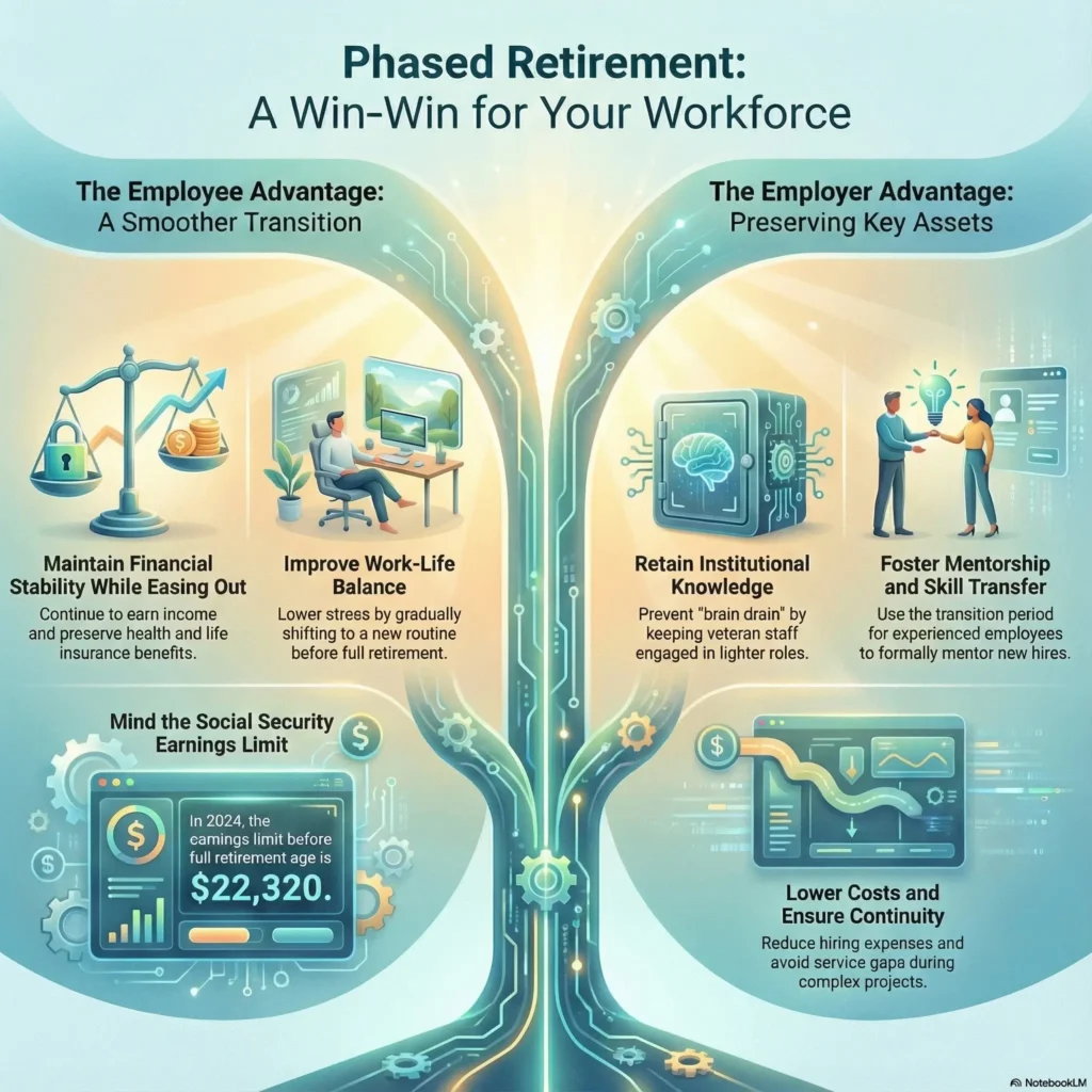 SmartKeys Infographic on Phased Retirement Programs: A breakdown of the benefits for employers and employees, highlighting financial stability, work-life balance, and strategies for retaining institutional knowledge during workforce transitions.