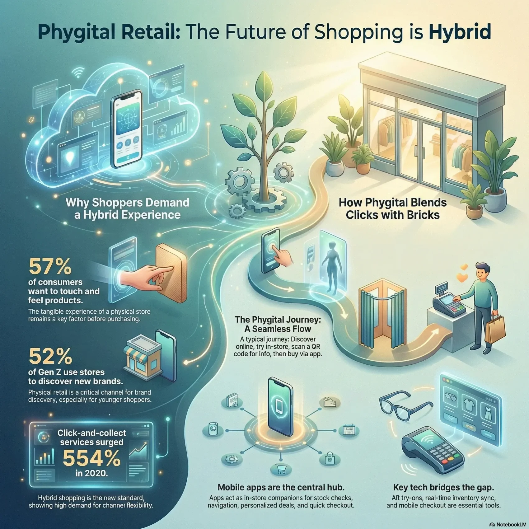 SmartKeys infographic titled "Phygital Retail: The Future of Shopping is Hybrid." It visualizes the blending of digital convenience with physical store experiences, citing statistics on consumer preferences for hybrid shopping and illustrating the seamless customer journey involving mobile apps, click-and-collect services, and tech-bridged checkout.