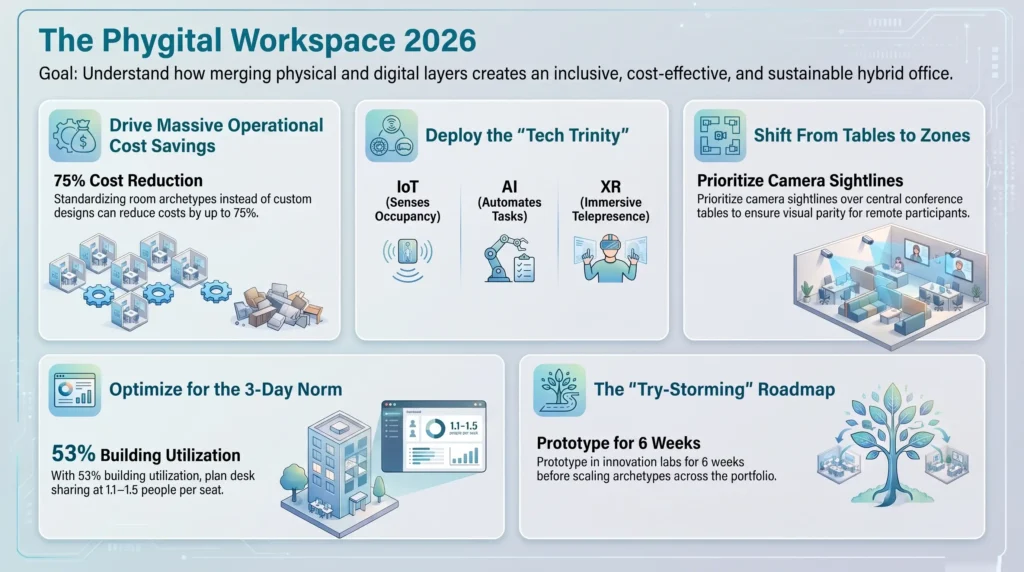 Infographic explaining the 2026 Phygital Workspace framework, integrating IoT, AI, XR technology, and zone-based hybrid office architecture for cost reduction.