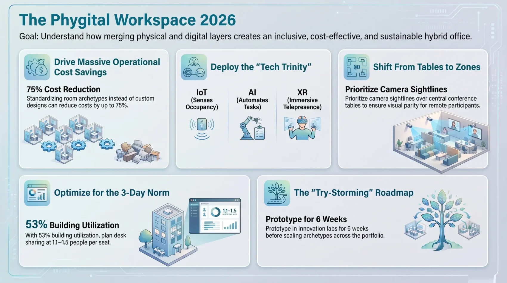 Infographic explaining the 2026 Phygital Workspace framework, integrating IoT, AI, XR technology, and zone-based hybrid office architecture for cost reduction.