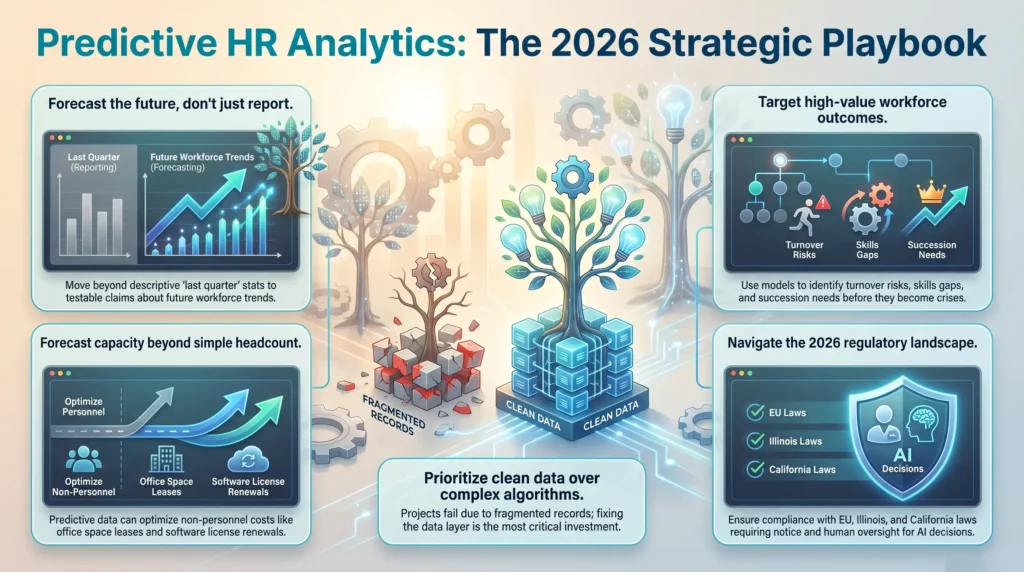 Infographic titled Predictive HR Analytics: The 2026 Strategic Playbook outlining how organizations forecast workforce trends. It covers five key strategies: shifting from descriptive reporting to predictive forecasting, prioritizing clean data over complex algorithms, identifying turnover risks and skill gaps, forecasting non-personnel capacity like office leases and software licenses, and maintaining regulatory compliance with EU, Illinois, and California AI oversight laws