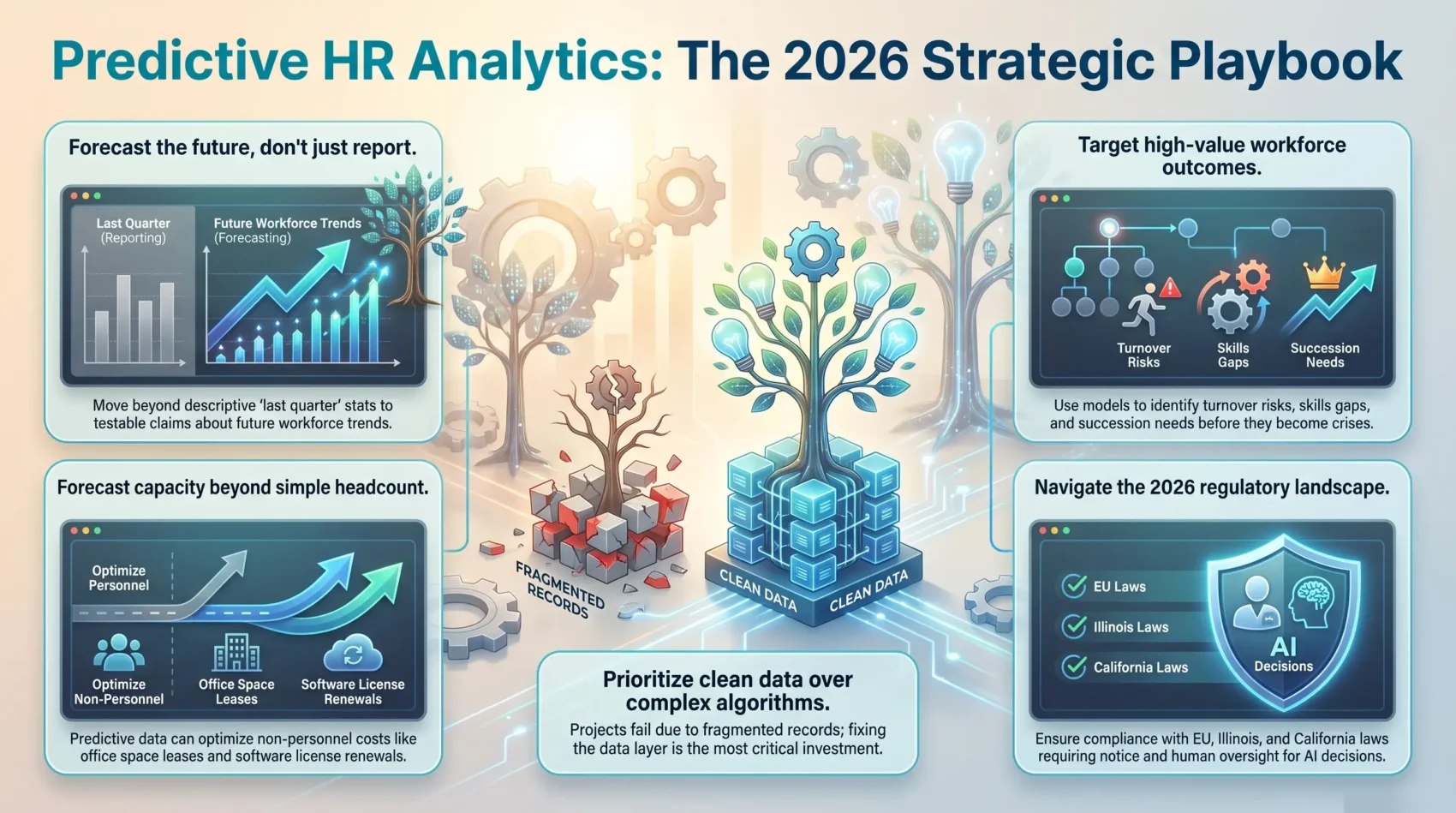 Infographic titled Predictive HR Analytics: The 2026 Strategic Playbook outlining how organizations forecast workforce trends. It covers five key strategies: shifting from descriptive reporting to predictive forecasting, prioritizing clean data over complex algorithms, identifying turnover risks and skill gaps, forecasting non-personnel capacity like office leases and software licenses, and maintaining regulatory compliance with EU, Illinois, and California AI oversight laws