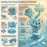 Privacy Compliance Framework: Safeguarding Customer Trust Infographic illustrating a Privacy Compliance Framework to safeguard customer trust. It depicts a 4-step roadmap: mapping data and selecting a framework (like GDPR), implementing core security controls, training teams, and measuring effectiveness to reduce risk.