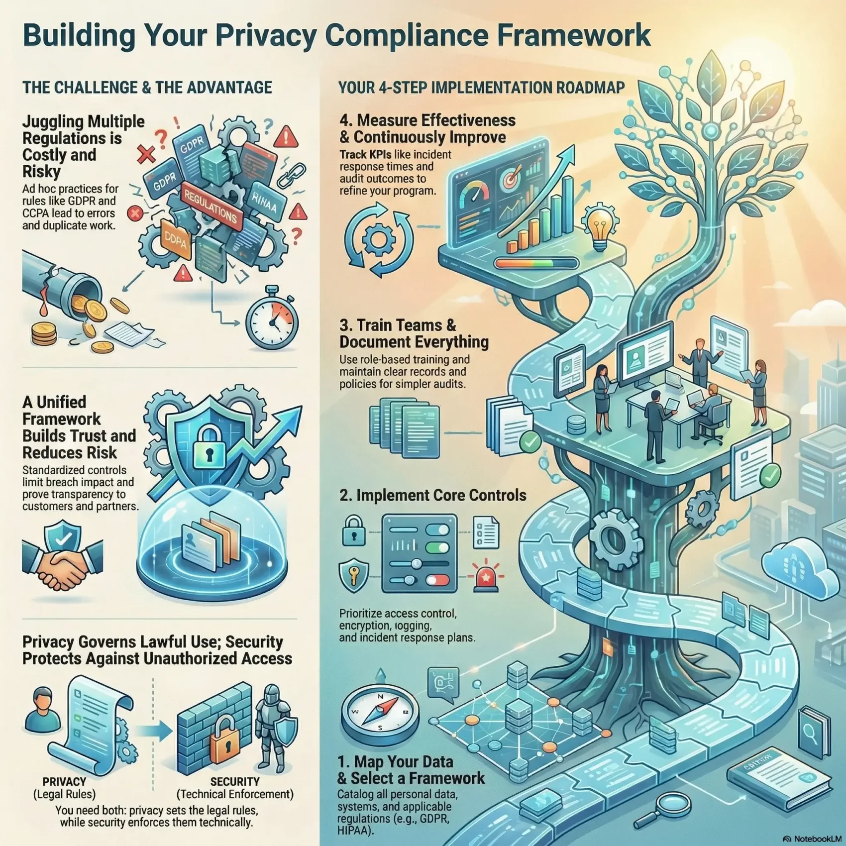 Infographic illustrating a Privacy Compliance Framework to safeguard customer trust. It depicts a 4-step roadmap: mapping data and selecting a framework (like GDPR), implementing core security controls, training teams, and measuring effectiveness to reduce risk.