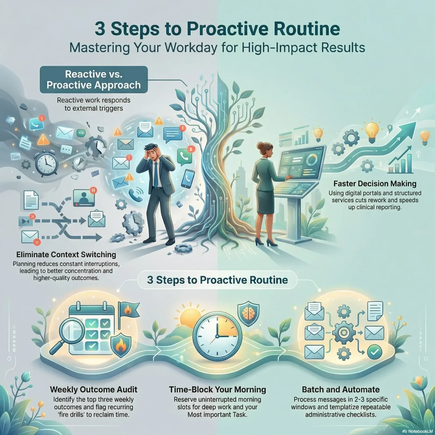 SmartKeys infographic illustrating three steps to a proactive routine, comparing reactive work habits to proactive focus for better productivity.