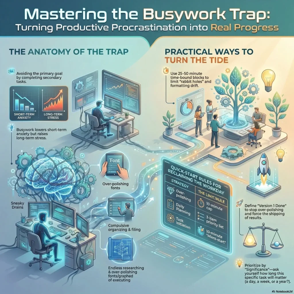 SmartKeys infographic on mastering the busywork trap and productive procrastination, detailing the anatomy of task avoidance and practical time-management strategies like quick-start rules to drive real progress.
