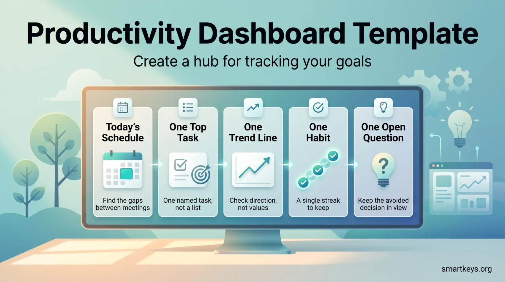 Infographic of a productivity dashboard template with five tiles: today's schedule, one top task, one trend line, one habit and one open question.