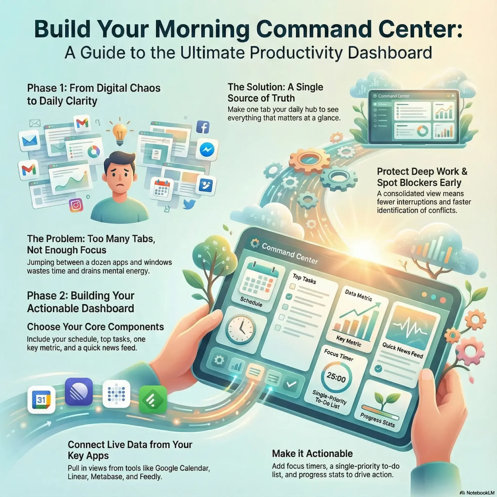 SmartKeys infographic guide to building a personal productivity dashboard, showing how to create a "Morning Command Center" to centralize schedules, tasks, and metrics.