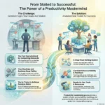 SmartKeys infographic titled The Power of a Productivity Mastermind. Contrasts common challenges like feeling overwhelmed with solutions provided by mastermind groups, including peer accountability, clear goal-setting systems, and shared resources.
