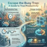 Productivity Pitfalls: Don’t Spend More Time Organizing Than Doing SmartKeys Infographic: Escape the Busy Trap – A guide to true productivity. It contrasts common productivity pitfalls like the multitasking myth and interruptions with strategic solutions, including the Eisenhower Matrix for prioritization, the Pomodoro Technique for focused sprints, and the "Eat the Frog" method.
