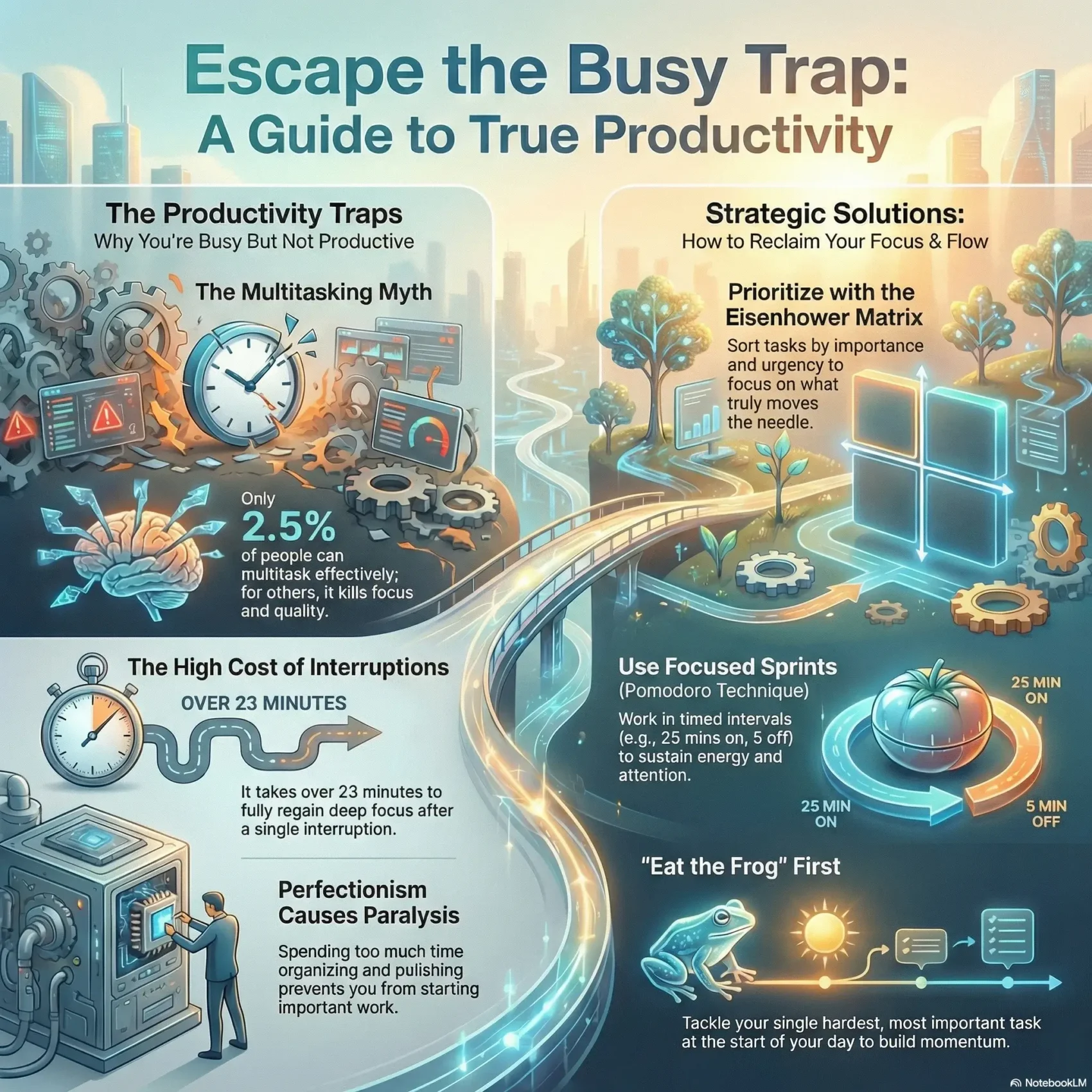 SmartKeys Infographic: Escape the Busy Trap – A guide to true productivity. It contrasts common productivity pitfalls like the multitasking myth and interruptions with strategic solutions, including the Eisenhower Matrix for prioritization, the Pomodoro Technique for focused sprints, and the "Eat the Frog" method.