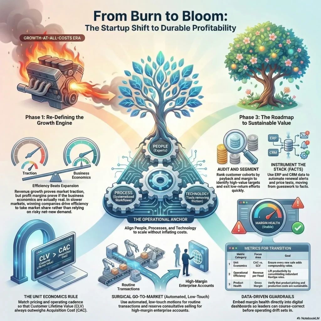 SmartKeys infographic showing the startup shift from growth-at-all-costs to durable profitability, featuring unit economics, operational efficiency, and a roadmap to sustainable value.