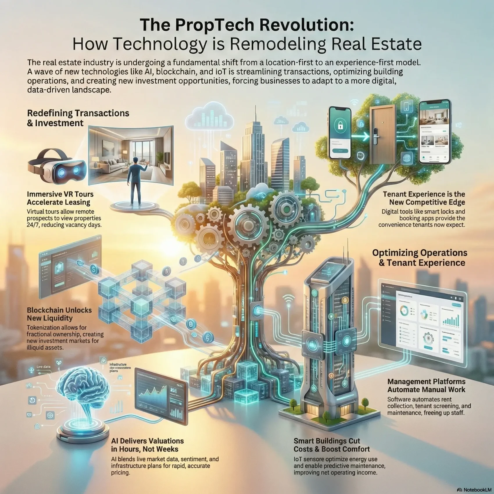 SmartKeys infographic titled "The PropTech Revolution." It explains how technology is remodeling real estate through innovations like immersive VR tours, blockchain liquidity, AI valuations, and smart building sensors that optimize tenant experiences.
