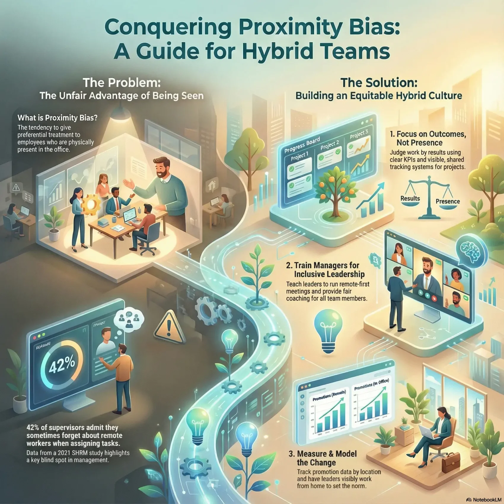Infographic guide for hybrid teams on overcoming Proximity Bias by SmartKeys, focusing on outcome-based results, inclusive leadership, and equitable career growth for remote workers.
