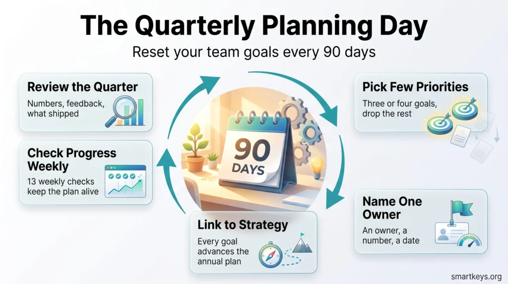 Infographic of the quarterly planning day as a 90 day cycle: review the quarter, pick priorities, name owners, link to strategy, check weekly.