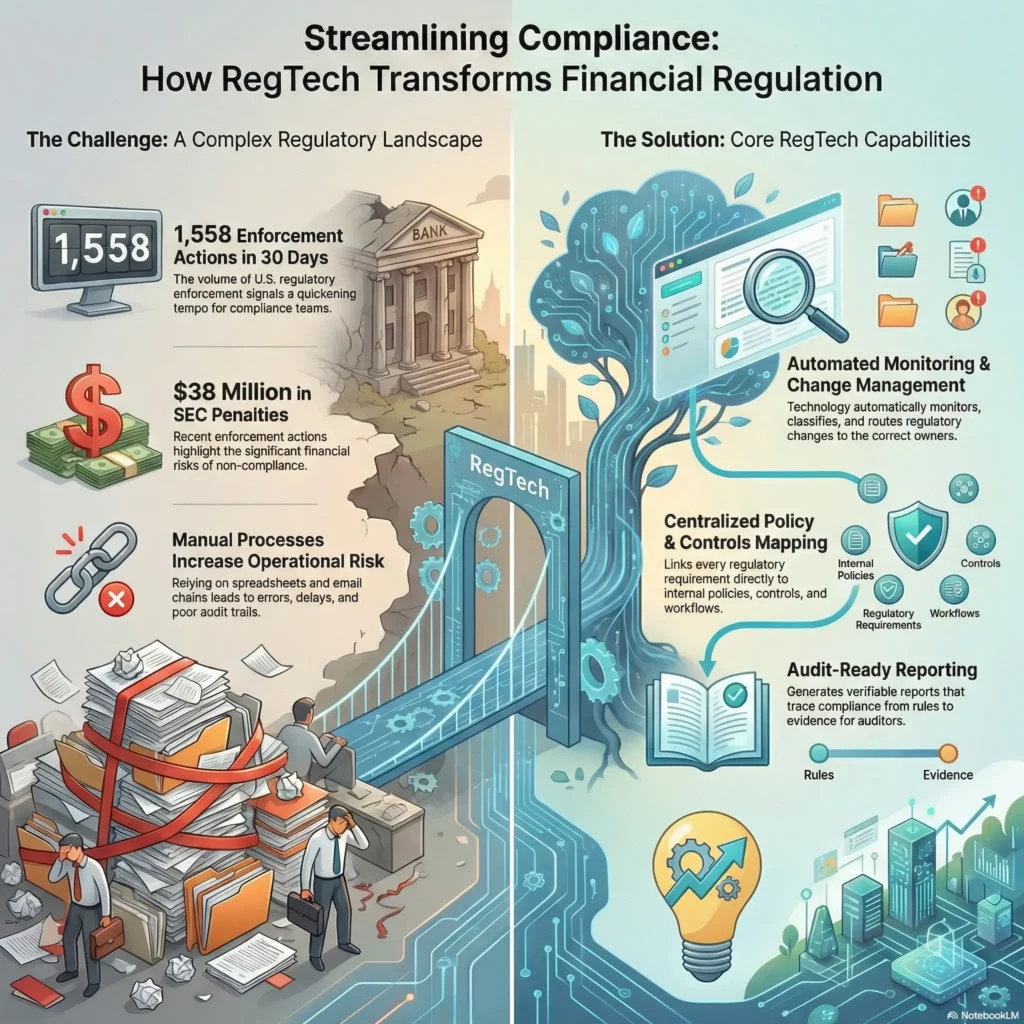 SmartKeys infographic: Streamlining Compliance with RegTech. Compares the risks of manual regulatory processes with the benefits of RegTech solutions, such as automated monitoring, centralized policy mapping, and audit-ready reporting.