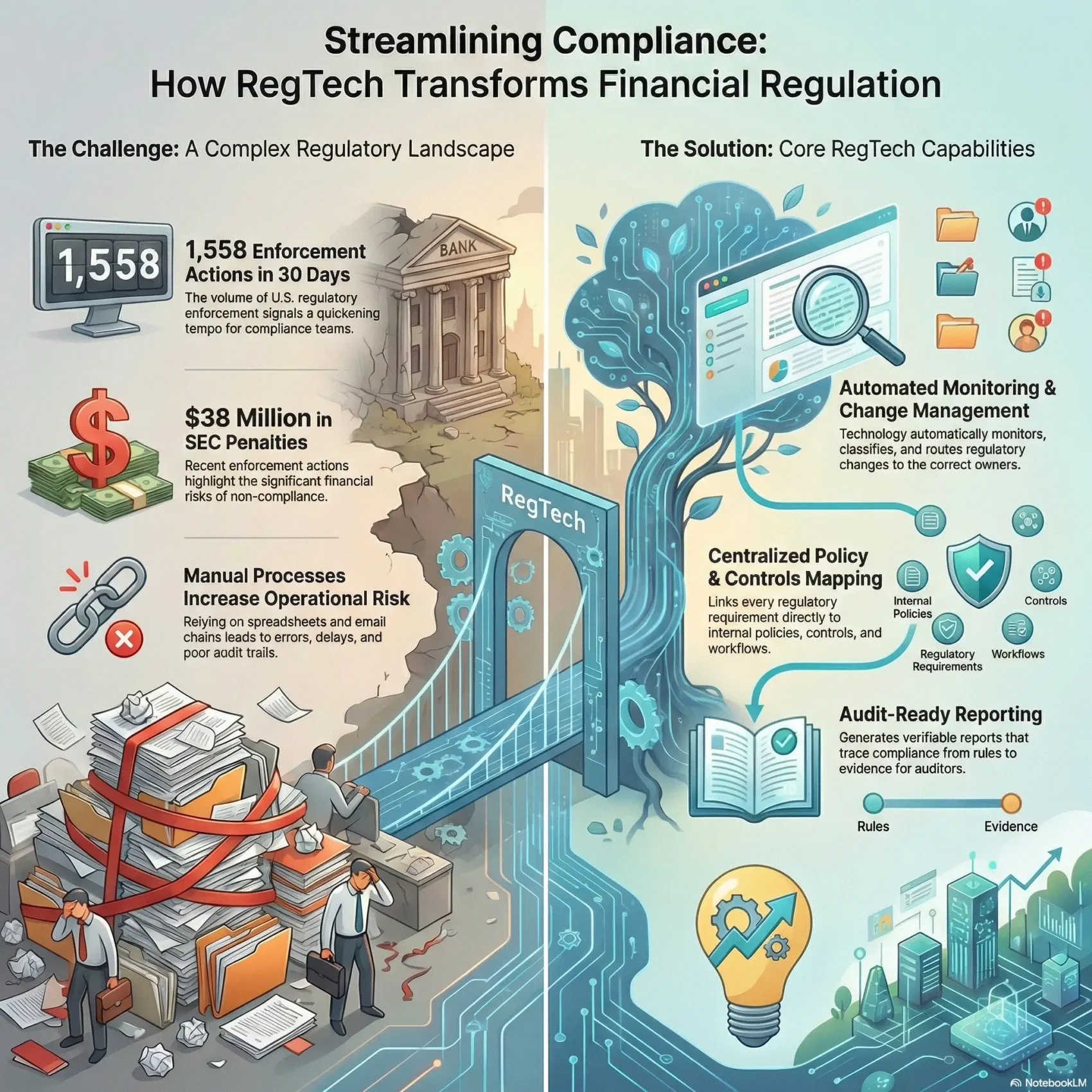 SmartKeys infographic: Streamlining Compliance with RegTech. Compares the risks of manual regulatory processes with the benefits of RegTech solutions, such as automated monitoring, centralized policy mapping, and audit-ready reporting.