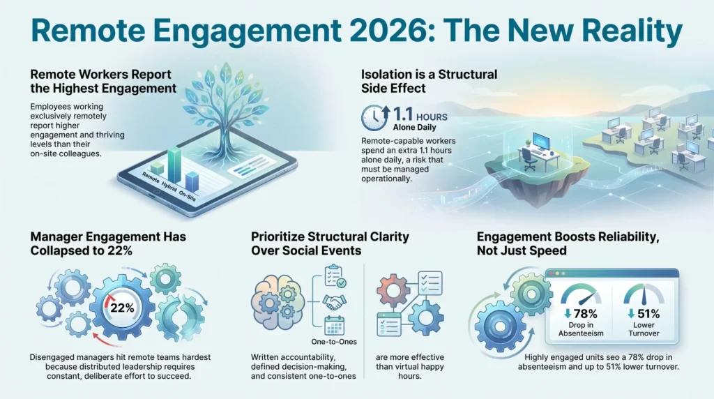 Infographic showing 2026 remote employee engagement statistics, comparing remote worker satisfaction, manager disengagement, isolation risks, and structural clarity benefits.
